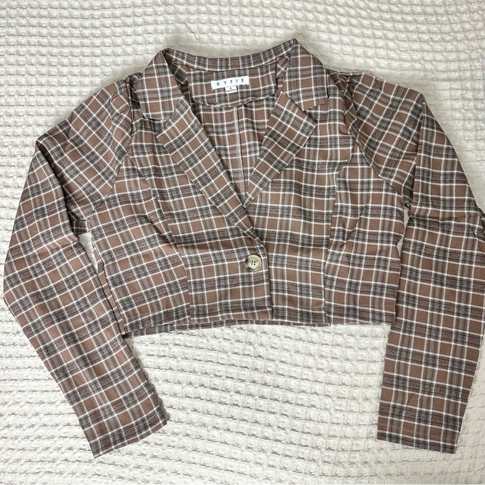Women Casual Lapel Plaid Pattern Brown Long Sleeve Crop Short Blazer - Picture 8 of 10